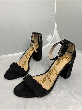 Sam Edelman Black Suede Scalloped Ankle-Strap Block Heels - Size 6.5